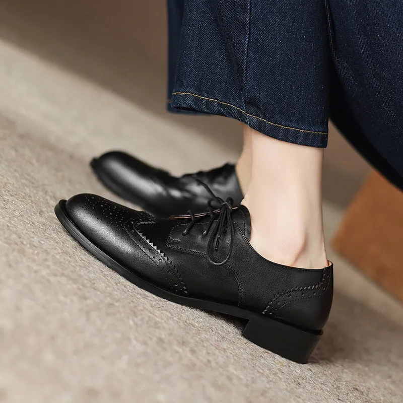 Top Layer Cowhide Brogue Shoes Lace Up Oxford Tie Shoes for Women in Brown/Black Mary Jane Oxfords