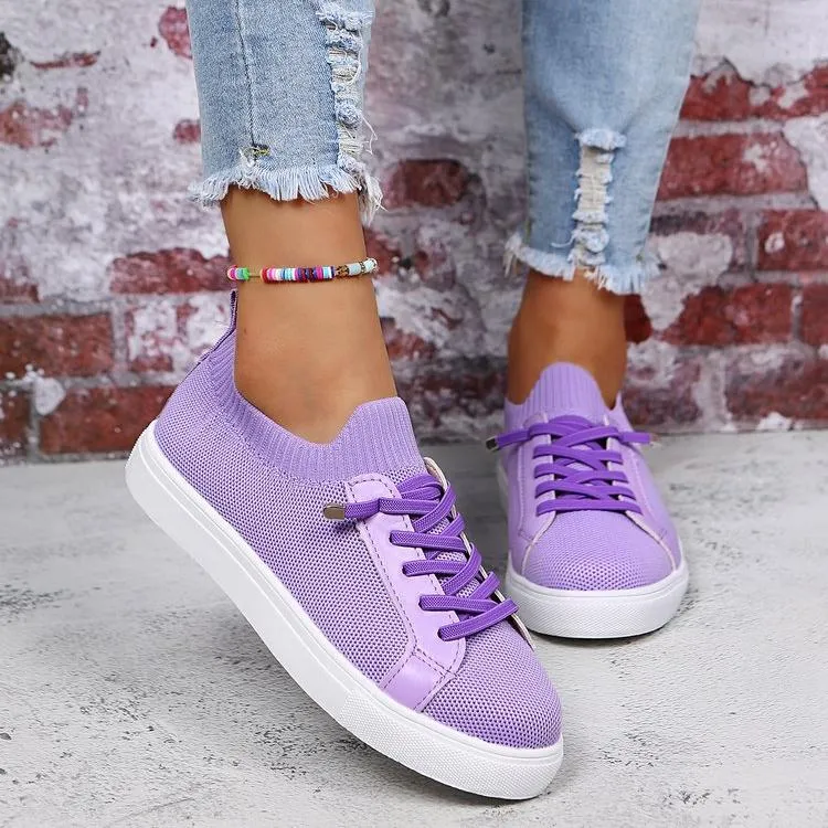 Create Your Own Sneakers Women knit solid color white flat heel lace slip on sneaker