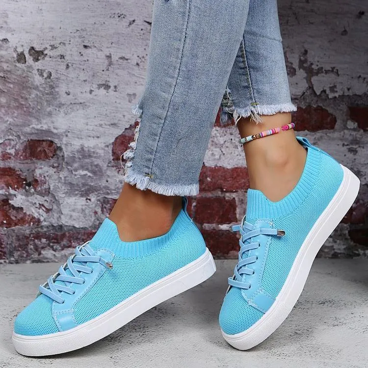 Women knit solid color white flat heel lace slip on sneaker And Black Sneakers