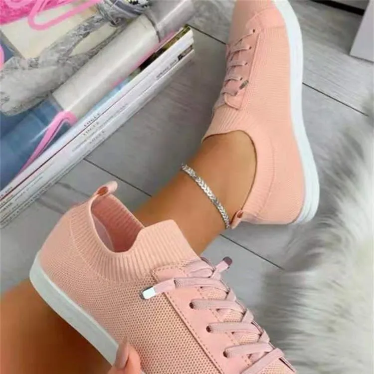 3d Printed Sneakers Women knit solid color white flat heel lace slip on sneaker