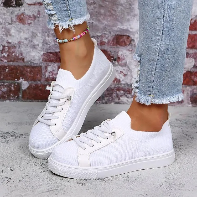 Sneakers Washing Women knit solid color white flat heel lace slip on sneaker