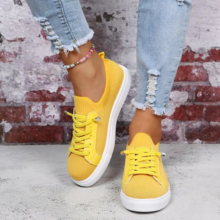 Sneakers Starter Women knit solid color white flat heel lace slip on sneaker