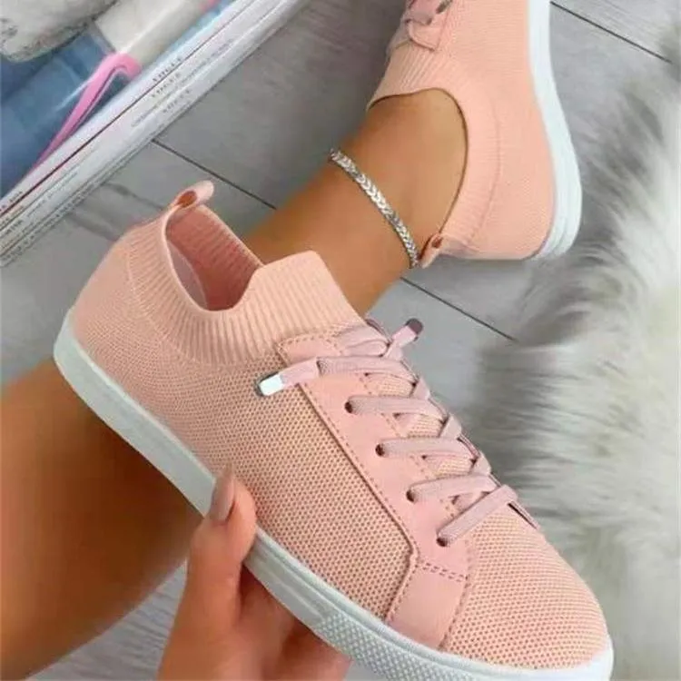 Women knit solid color white flat heel lace slip on sneaker Sneakers All Numbers