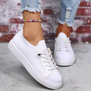 Women knit solid color white flat heel lace slip on sneaker Knitted Sneakers