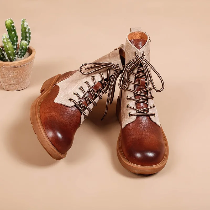 Alden Shoes Oxfords Women's Handmade Leather Short Boots Lace Up Combat Boots in Brown/Brown Short Plush