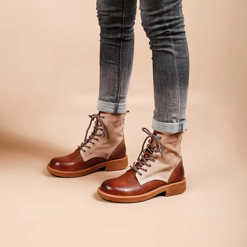 Oxfords Formal Dress Shoes Women's Handmade Leather Short Boots Lace Up Combat Boots in Brown/Brown Short Plush