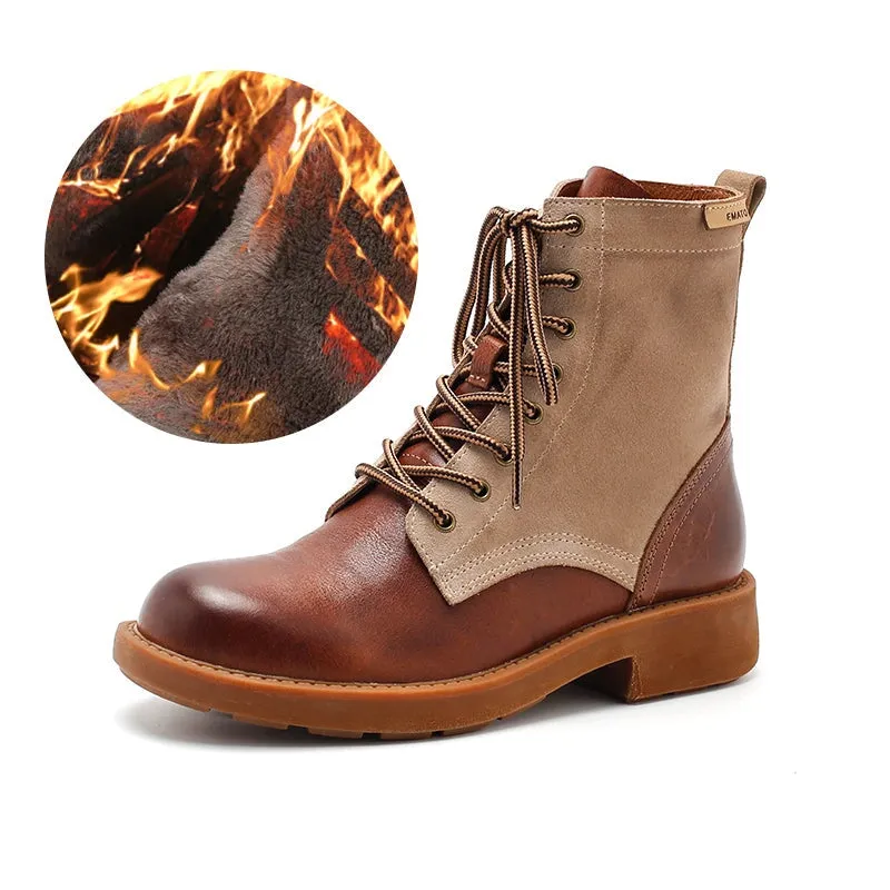 Oxfords Size 6 Women's Handmade Leather Short Boots Lace Up Combat Boots in Brown/Brown Short Plush