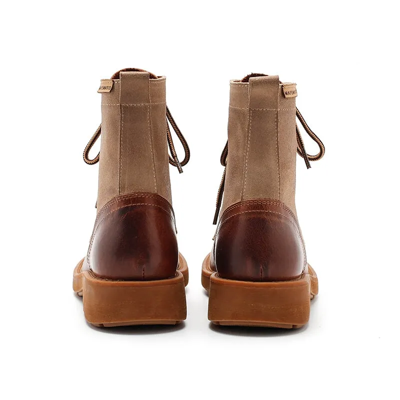 Women's Handmade Leather Short Boots Lace Up Combat Boots in Brown/Brown Short Plush Male Oxfords
