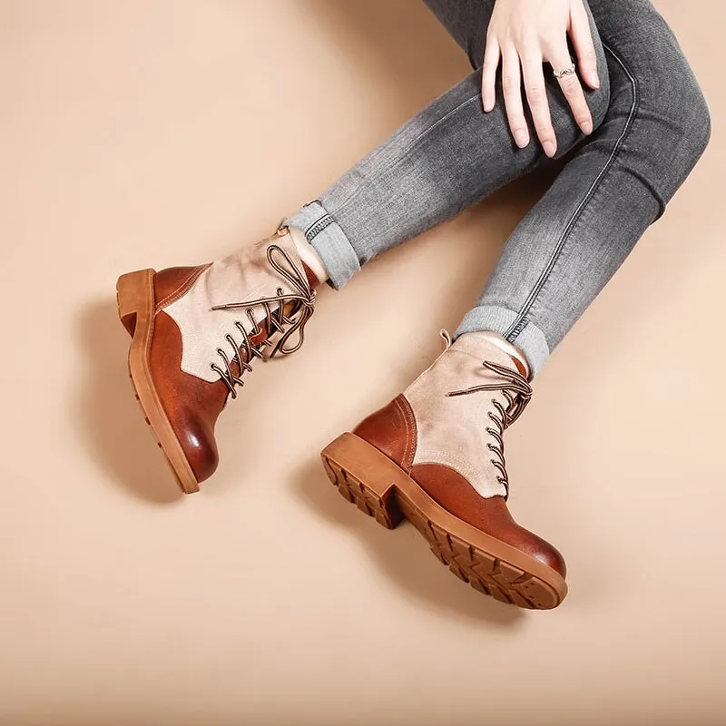 Women's Handmade Leather Short Boots Lace Up Combat Boots in Brown/Brown Short Plush øriginalgrand Energyweave Perforated Plain Toe Oxfords