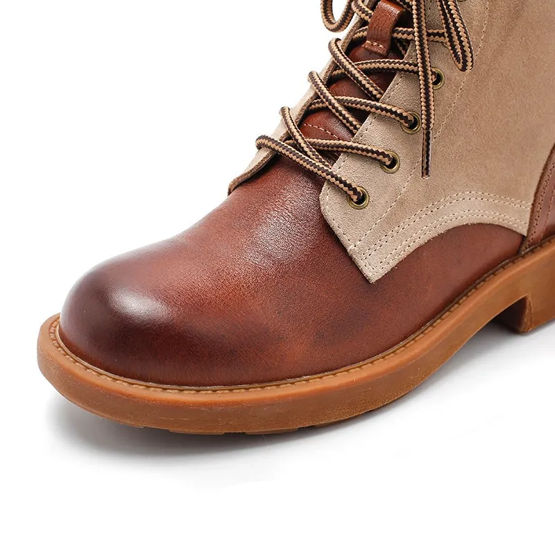 Women's Handmade Leather Short Boots Lace Up Combat Boots in Brown/Brown Short Plush Vibe Wingtip Oxford