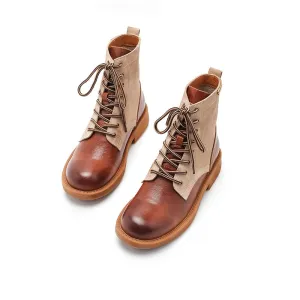 Women's Handmade Leather Short Boots Lace Up Combat Boots in Brown/Brown Short Plush Whiddon Cap-toe Oxfords