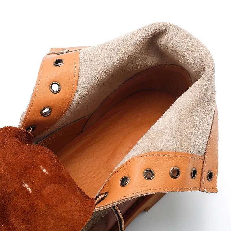 Women's Handmade Leather Short Boots Lace Up Combat Boots in Brown/Brown Short Plush Wide Work Oxfords