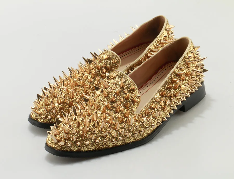 Tusani Luxury Gold Spiked Men Slip On Loafers Summer Charms Walk Suede Loafers