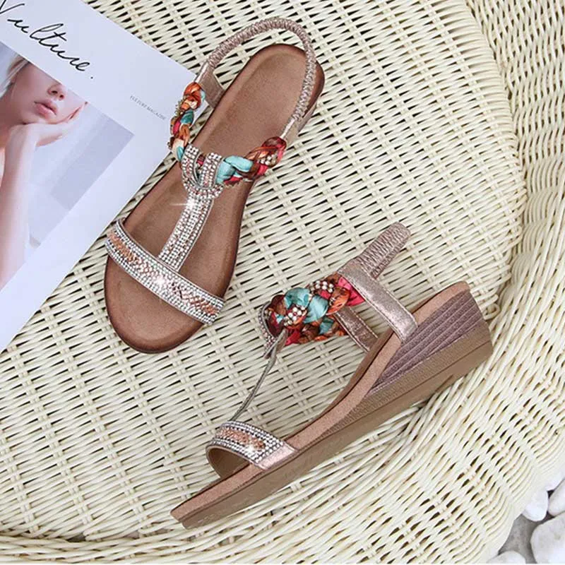 Women's Bohemia Beach Flat Sandals Gold Jeweled Flip Flops