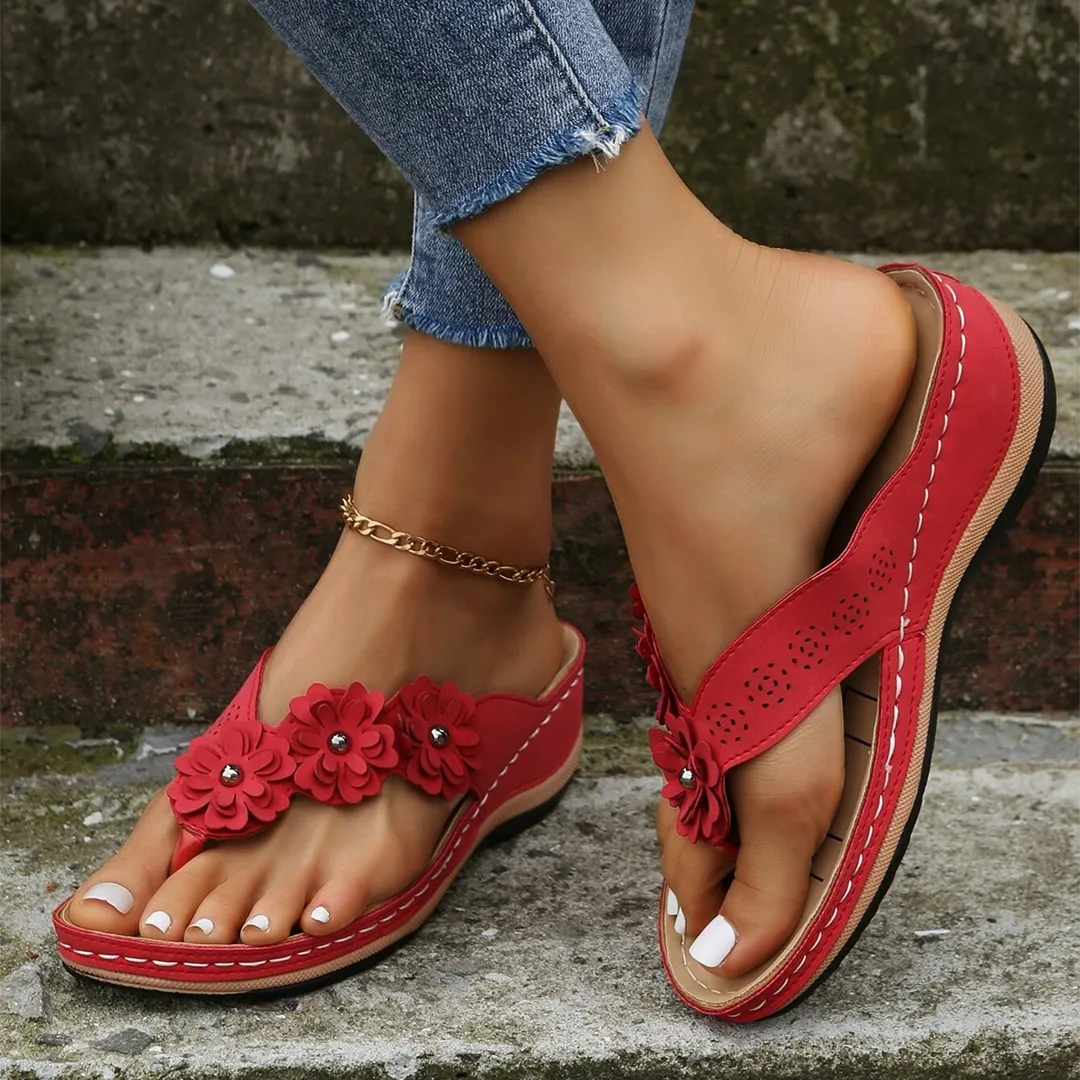 Uniqcloud Retro Studded Flowers Arch Support Wedge Flip Flops Rash From Flip Flops