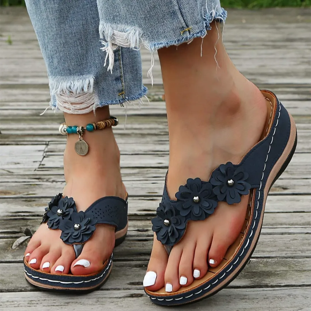 Medical Flip Flops Uniqcloud Retro Studded Flowers Arch Support Wedge Flip Flops