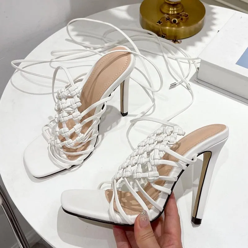 Sandals Popular Fashion Handmade Design Weave Hollow Gladiador Sandals Women Summer Orange Square Toe Cross-Tied Stiletto Heels Ladies Shoes