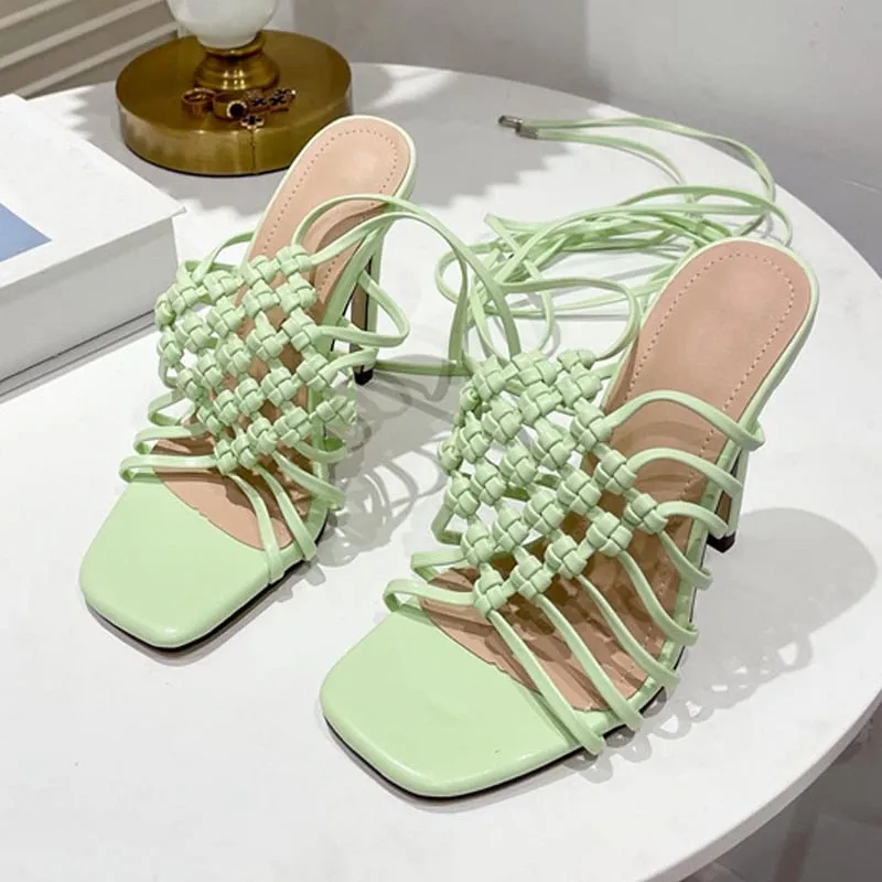 Sandals Ochi Beach Resort Fashion Handmade Design Weave Hollow Gladiador Sandals Women Summer Orange Square Toe Cross-Tied Stiletto Heels Ladies Shoes