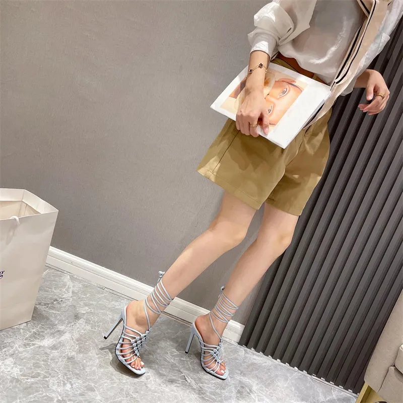 Evil Eye Sandals Fashion Handmade Design Weave Hollow Gladiador Sandals Women Summer Orange Square Toe Cross-Tied Stiletto Heels Ladies Shoes