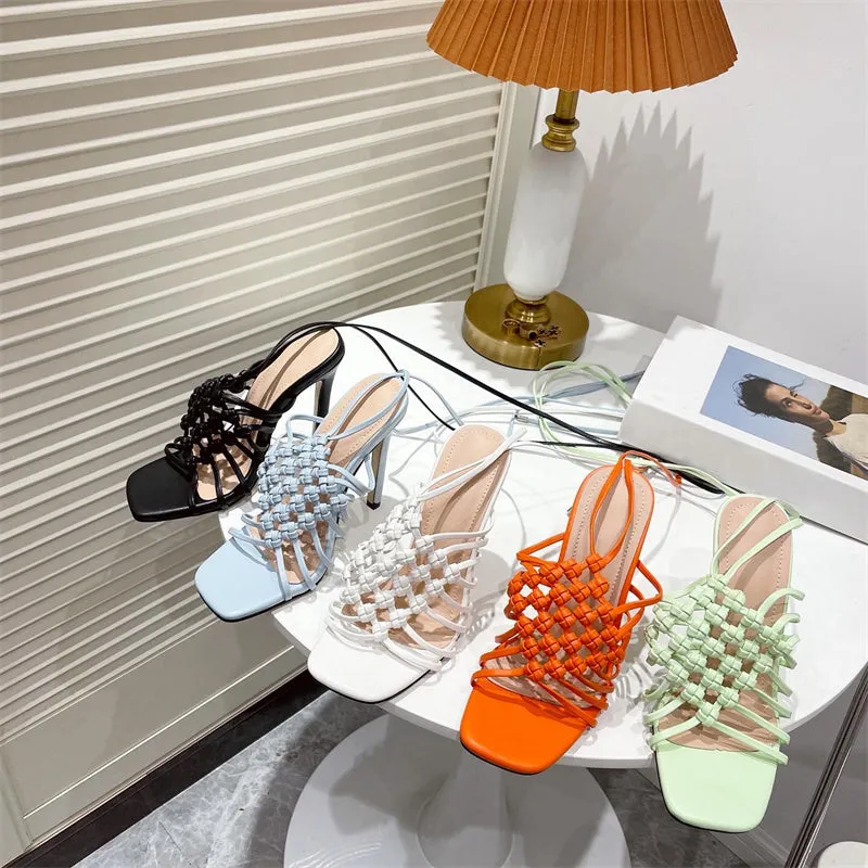 Tommy Hilfiger Sandals Fashion Handmade Design Weave Hollow Gladiador Sandals Women Summer Orange Square Toe Cross-Tied Stiletto Heels Ladies Shoes