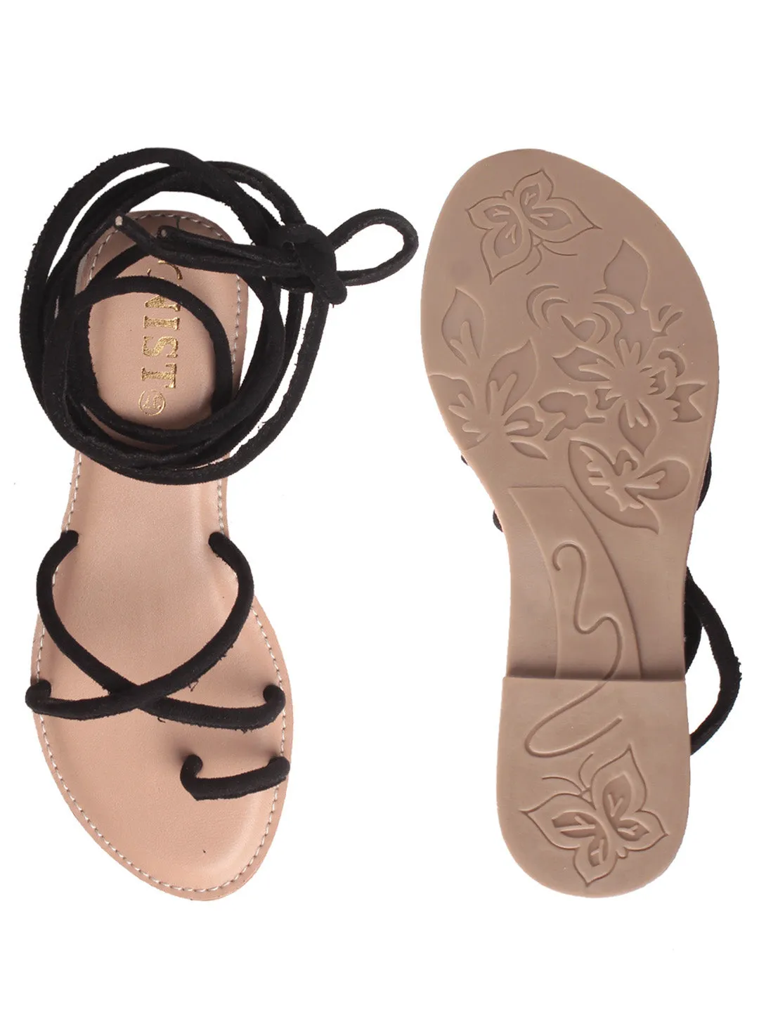Gnist Footwear Black Tie-up Flat Sandal for Women Cooling Flip Flops