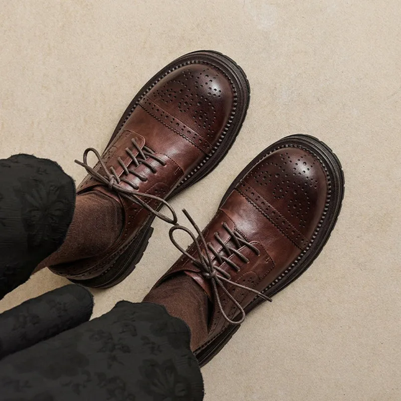 Vintage British Brogue Shoes - Round Toe Low-Heel Lace-Up Oxfords Black/Brown Dress Pants With Oxfords