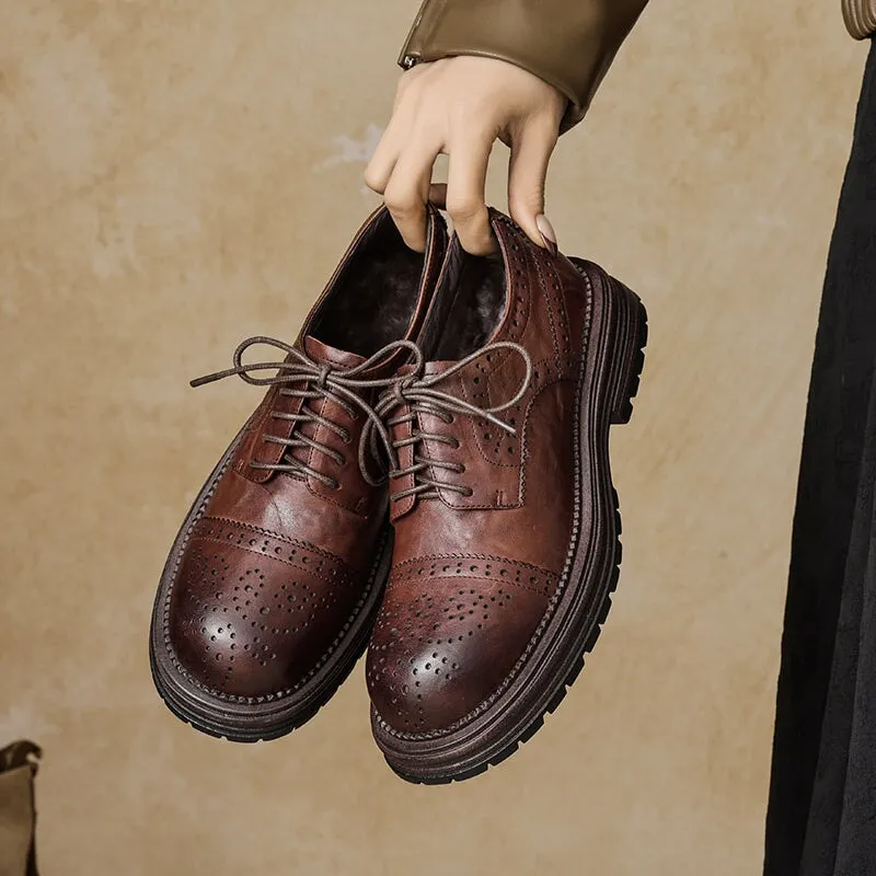 Oxford Canvas Vintage British Brogue Shoes - Round Toe Low-Heel Lace-Up Oxfords Black/Brown