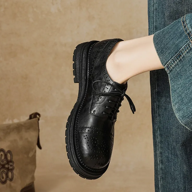 Vintage British Brogue Shoes - Round Toe Low-Heel Lace-Up Oxfords Black/Brown Duty Oxfords