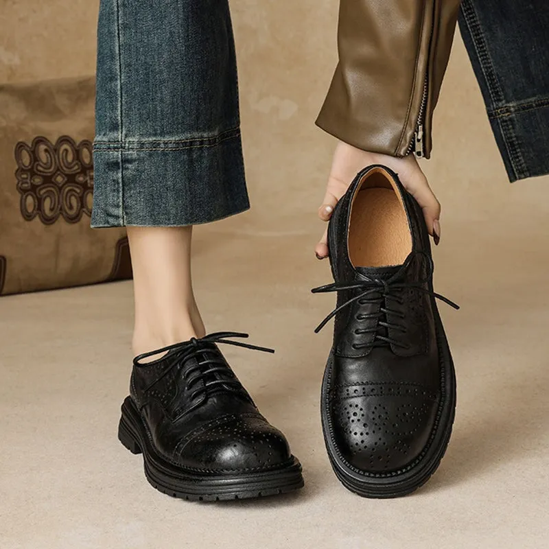 Vintage British Brogue Shoes - Round Toe Low-Heel Lace-Up Oxfords Black/Brown Round Toe Oxfords