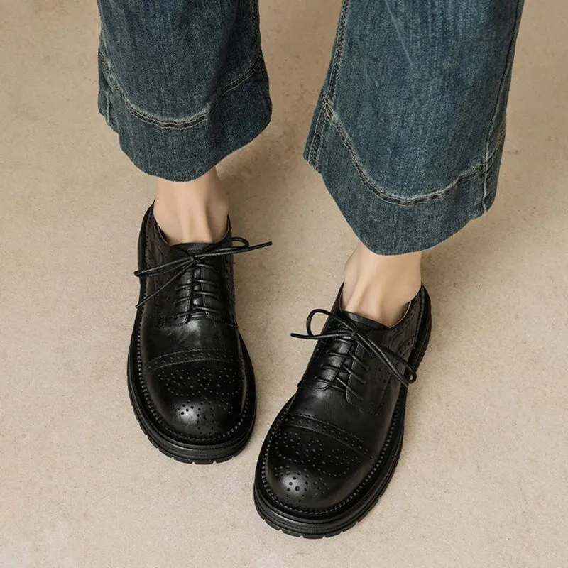 Oxford Bags Vintage British Brogue Shoes - Round Toe Low-Heel Lace-Up Oxfords Black/Brown
