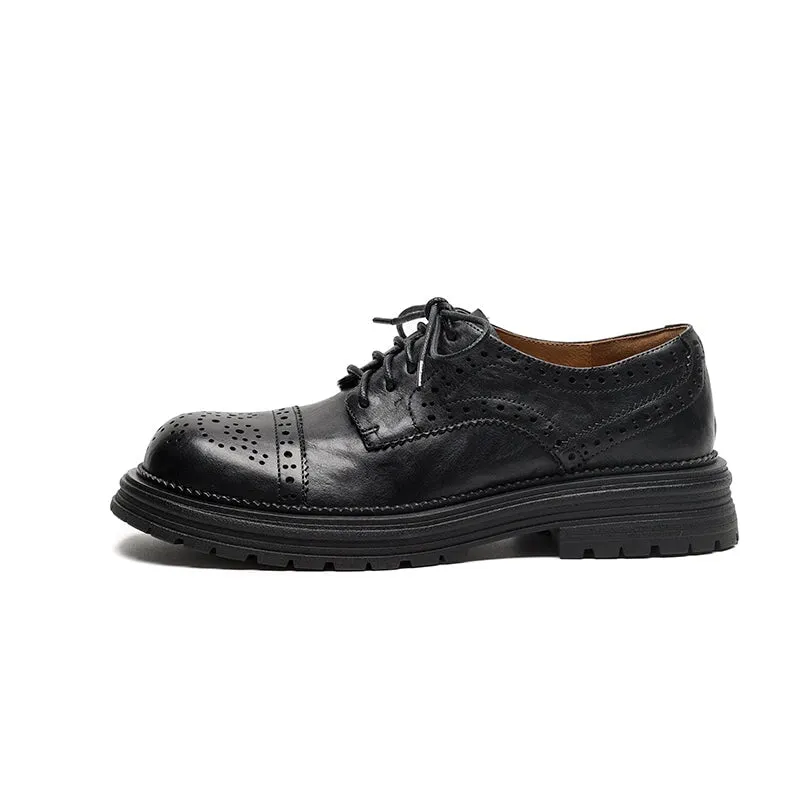 Conard 2.0 Cap Toe Oxfords Vintage British Brogue Shoes - Round Toe Low-Heel Lace-Up Oxfords Black/Brown