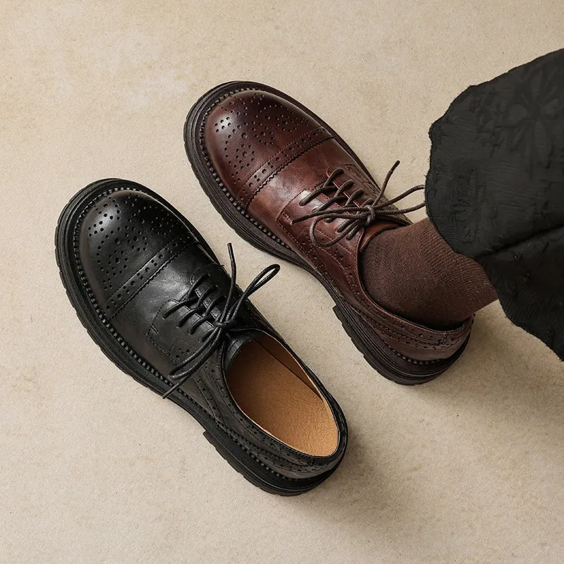 Vintage British Brogue Shoes - Round Toe Low-Heel Lace-Up Oxfords Black/Brown Oxfords Reviews