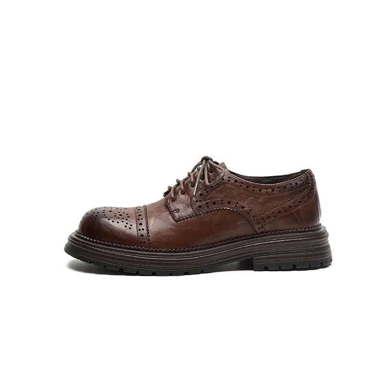 Vintage British Brogue Shoes - Round Toe Low-Heel Lace-Up Oxfords Black/Brown White