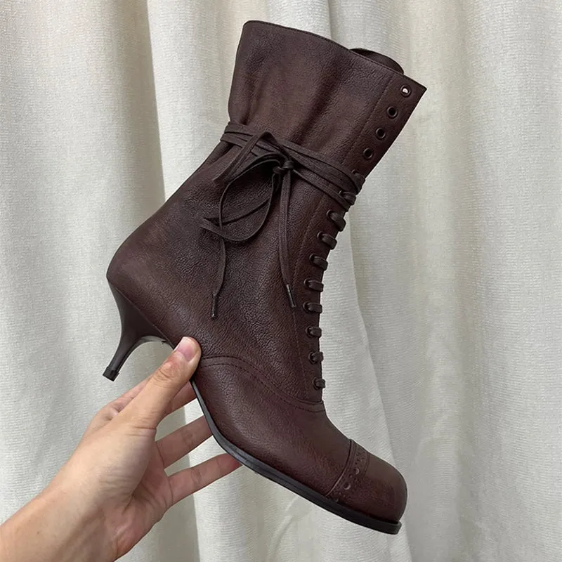 Snakeskin Oxfords Vintage Martin Boots Square Toe Lace Up Kitty Heel Women's Boots In Coffee/Black