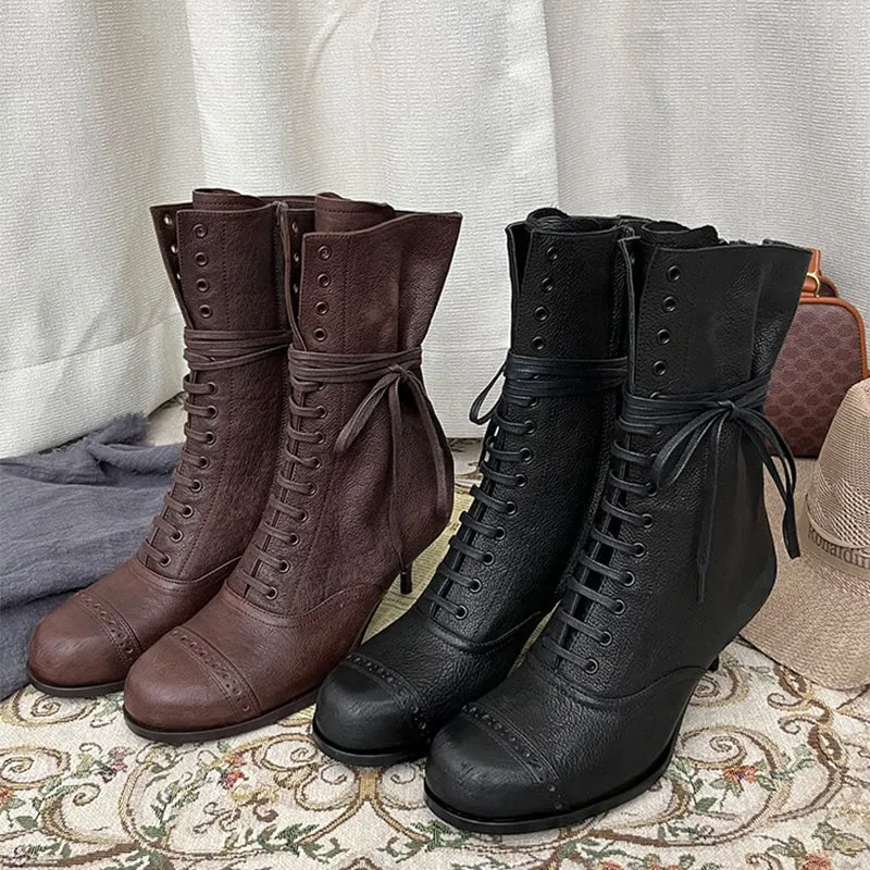 High Heeled Saddle Oxfords Vintage Martin Boots Square Toe Lace Up Kitty Heel Women's Boots In Coffee/Black