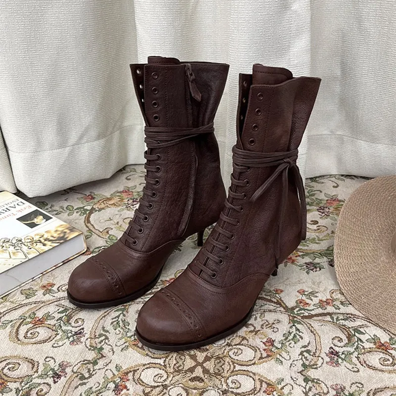 Vintage Martin Boots Square Toe Lace Up Kitty Heel Women's Boots In Coffee/Black Straight Hem Oxford Shirt