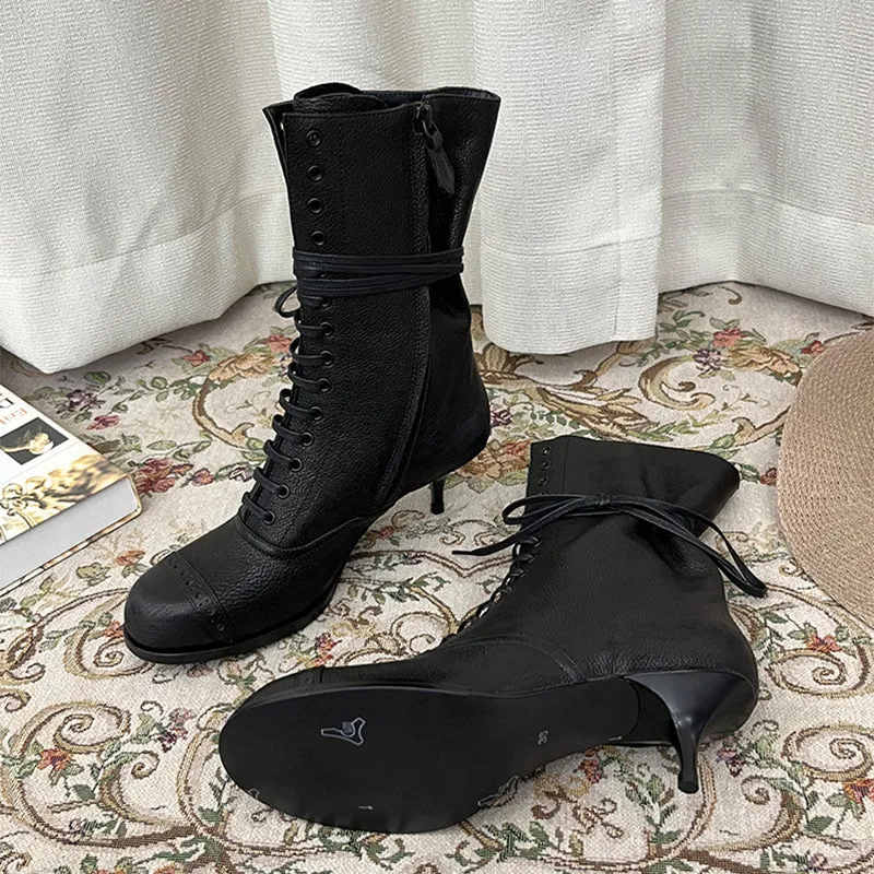 Vintage Martin Boots Square Toe Lace Up Kitty Heel Women's Boots In Coffee/Black Oxford Alloys