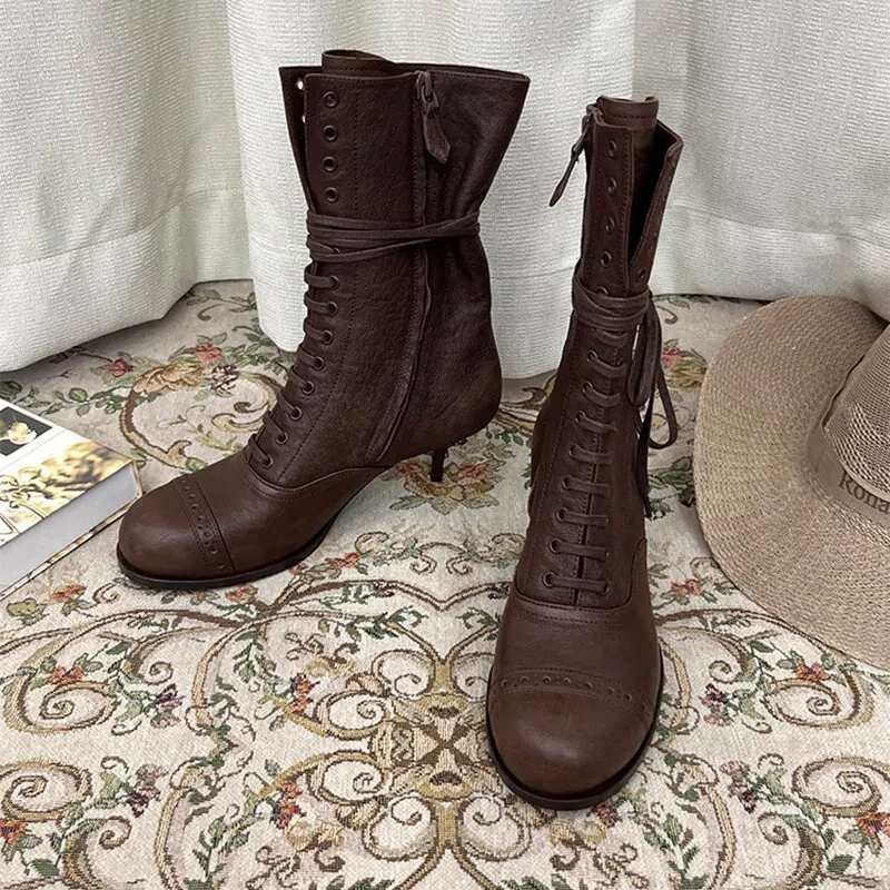 Faux Suede Oxfords Vintage Martin Boots Square Toe Lace Up Kitty Heel Women's Boots In Coffee/Black