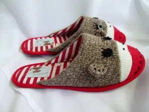 Womens NICK & NORA SOCK MONKEY Slippers Shoe 8-10.5 Slides BROWN RED Character Slippers