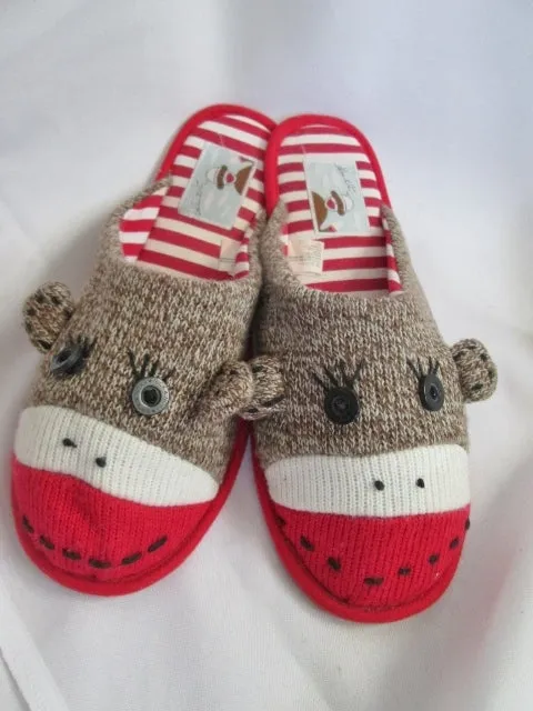 Womens NICK & NORA SOCK MONKEY Slippers Shoe 8-10.5 Slides BROWN RED Dog Face Slippers