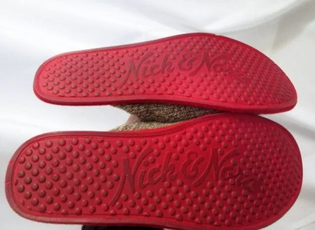 Womens NICK & NORA SOCK MONKEY Slippers Shoe 8-10.5 Slides BROWN RED Ballet Slippers Nail Varnish