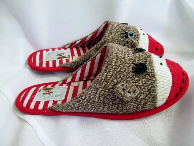 Womens NICK & NORA SOCK MONKEY Slippers Shoe 8-10.5 Slides BROWN RED Best Slippers On