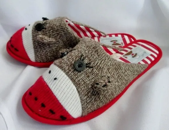 Bambas Slippers Womens NICK & NORA SOCK MONKEY Slippers Shoe 8-10.5 Slides BROWN RED