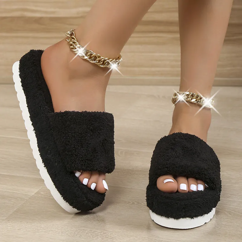 Fuzzy Slippers Women Winter House Shoes Whiteface Slides