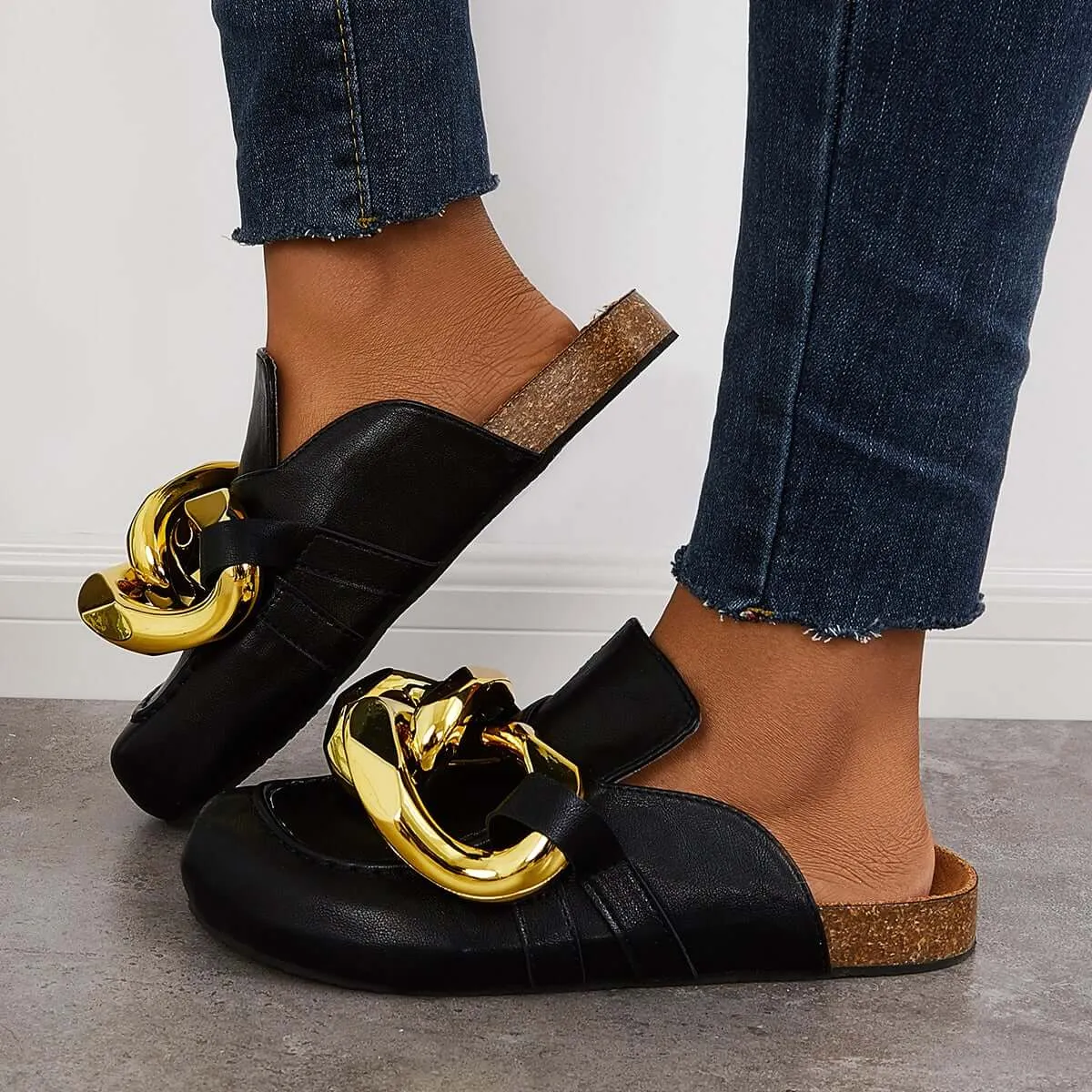 Baguette Slippers Kimemoda Flat Slip-on Backless Mule Slide Metal Chain Slippers