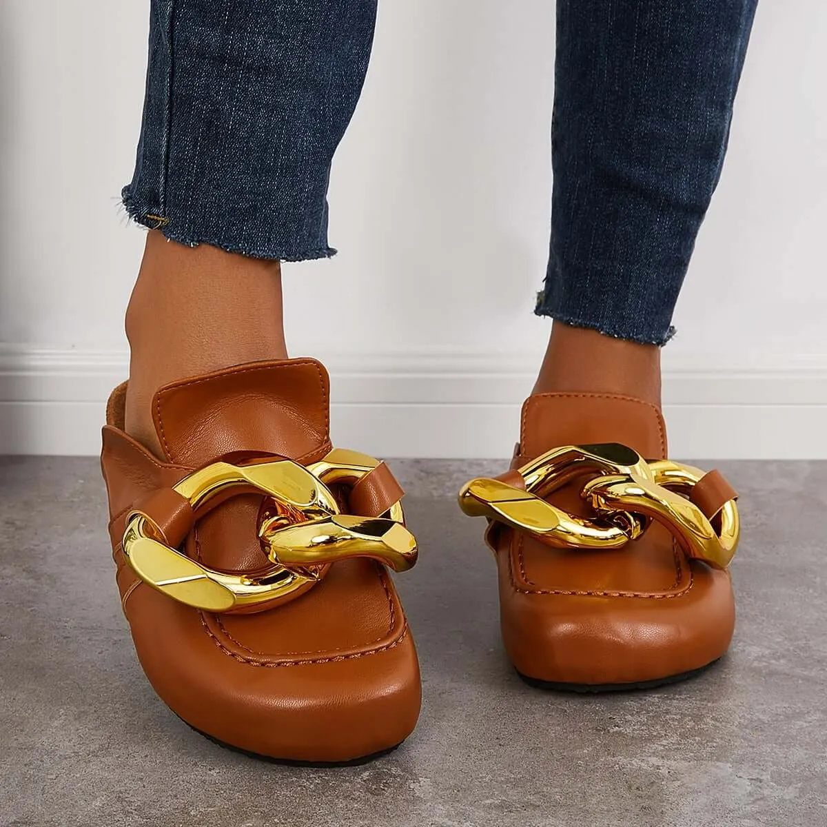 Patricia Green Slippers Kimemoda Flat Slip-on Backless Mule Slide Metal Chain Slippers