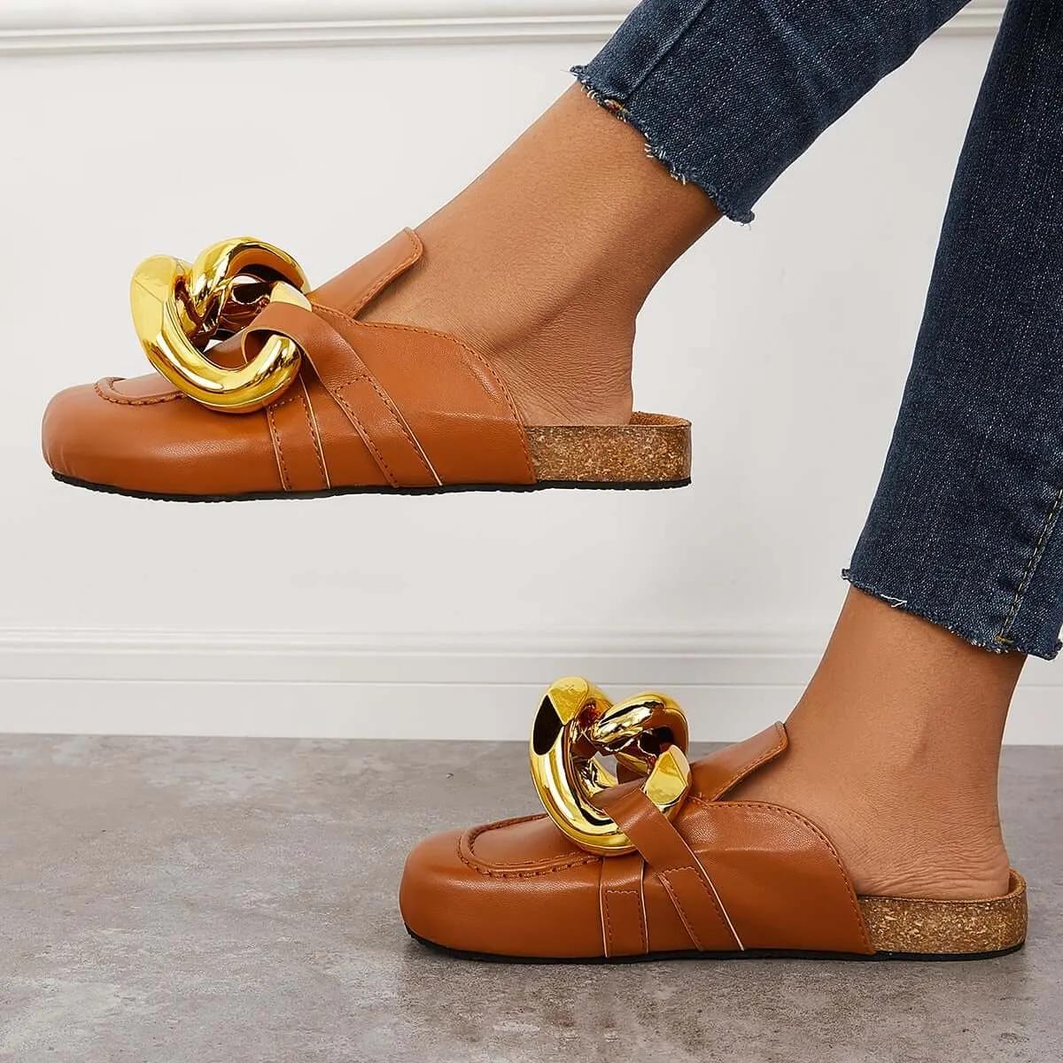 Sneaker Slides Kimemoda Flat Slip-on Backless Mule Slide Metal Chain Slippers