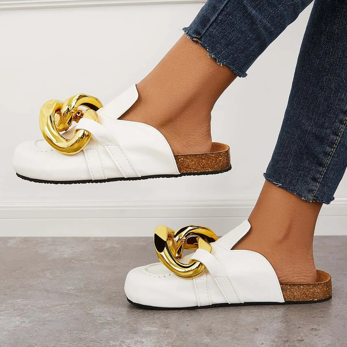 Freed Ballet Slippers Kimemoda Flat Slip-on Backless Mule Slide Metal Chain Slippers