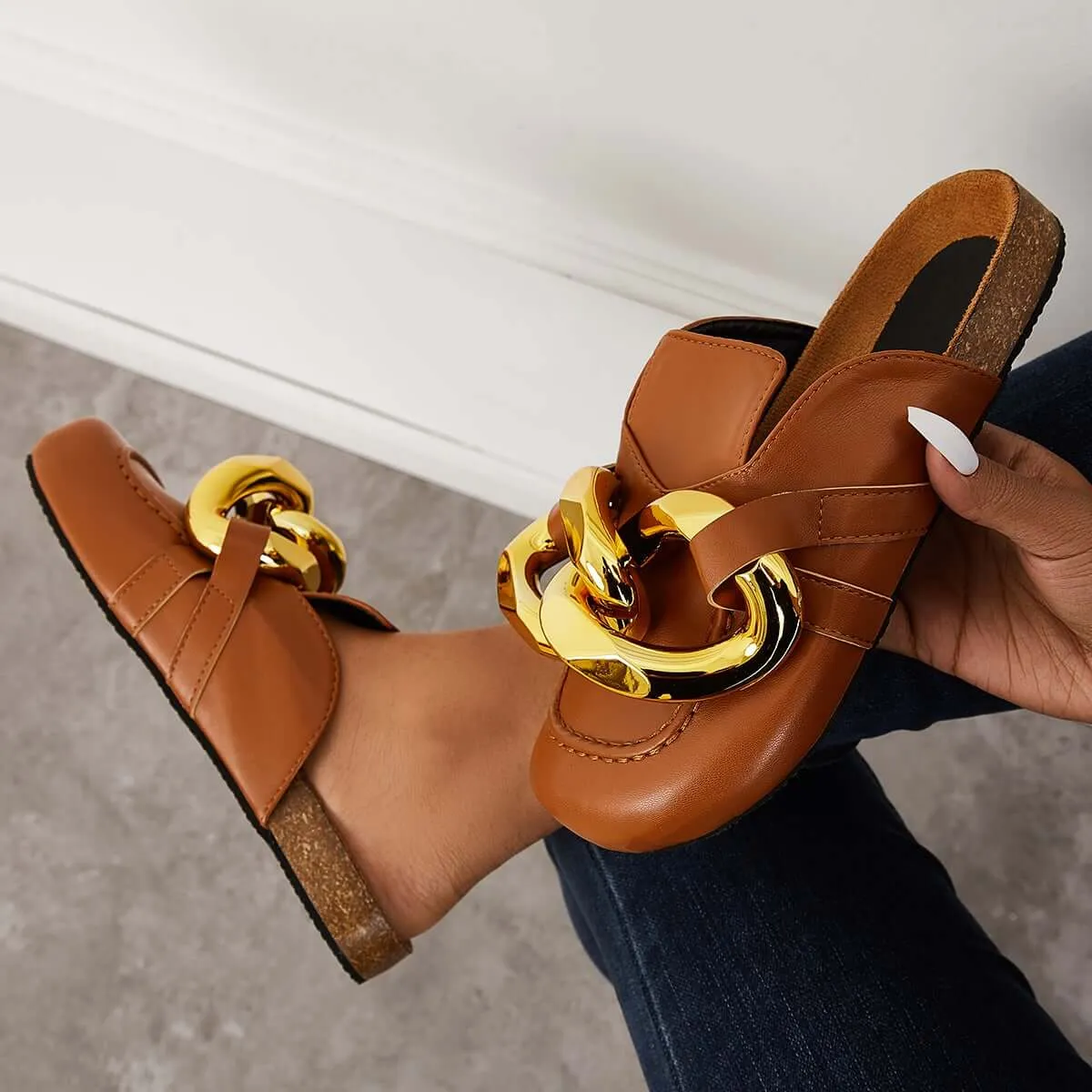 Vision Slippers Sale Kimemoda Flat Slip-on Backless Mule Slide Metal Chain Slippers