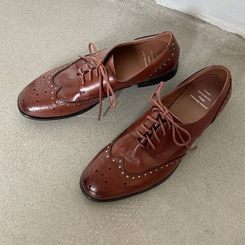 Wingtip Oxfords Women's Genuine Leather Lace Up Full Brogues Rivet-embellishment in Black/Brown Brown Wingtip Oxfords